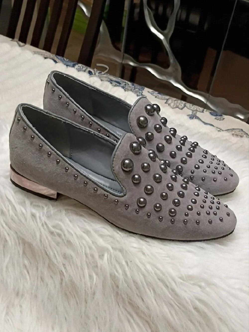Women's Donald Pliner Rebel 2 Pewter Studded Suede Loafers in Gray 7M